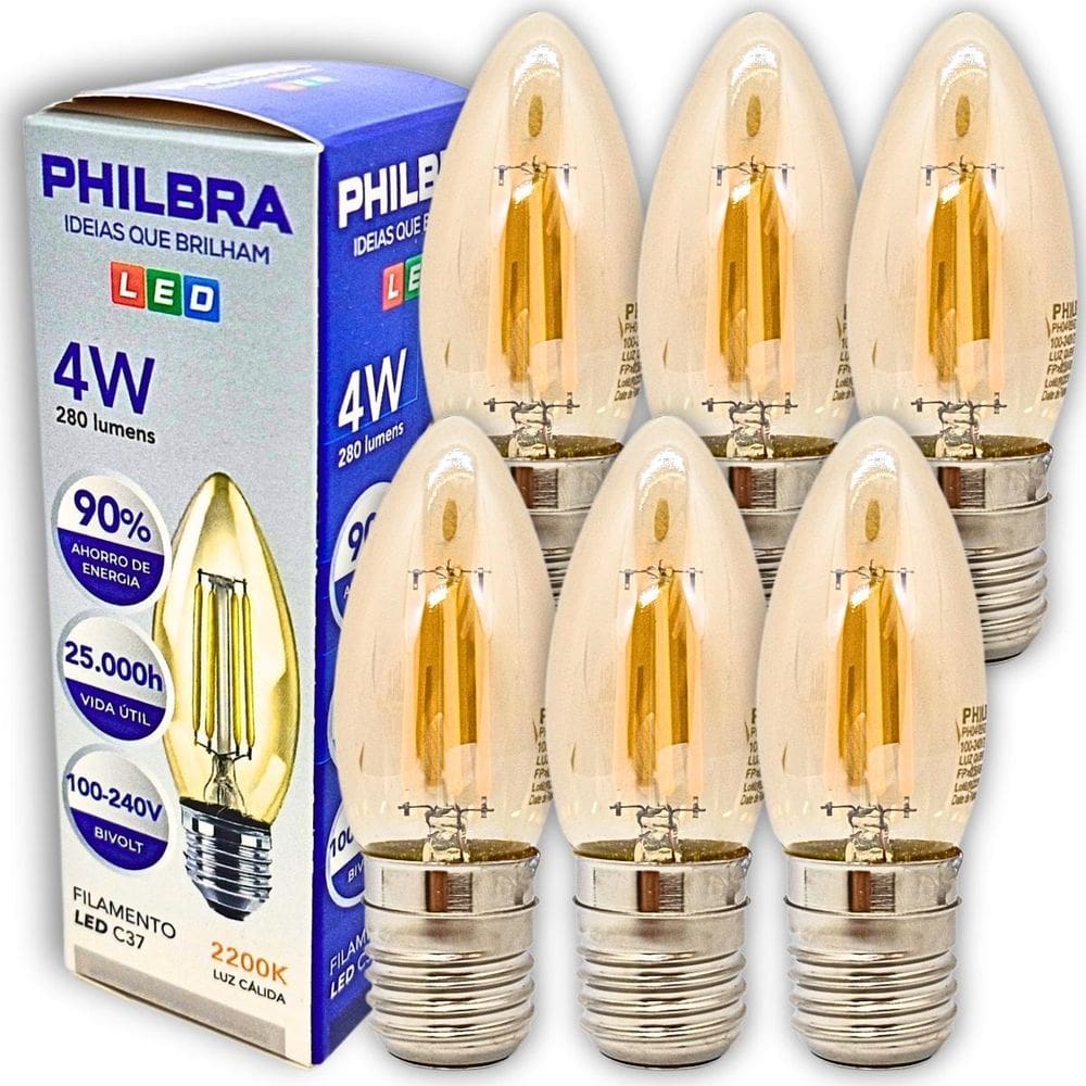 Kit 6 Lâmpadas Vintage Filamento Led Vela C37 Âmbar 2200K