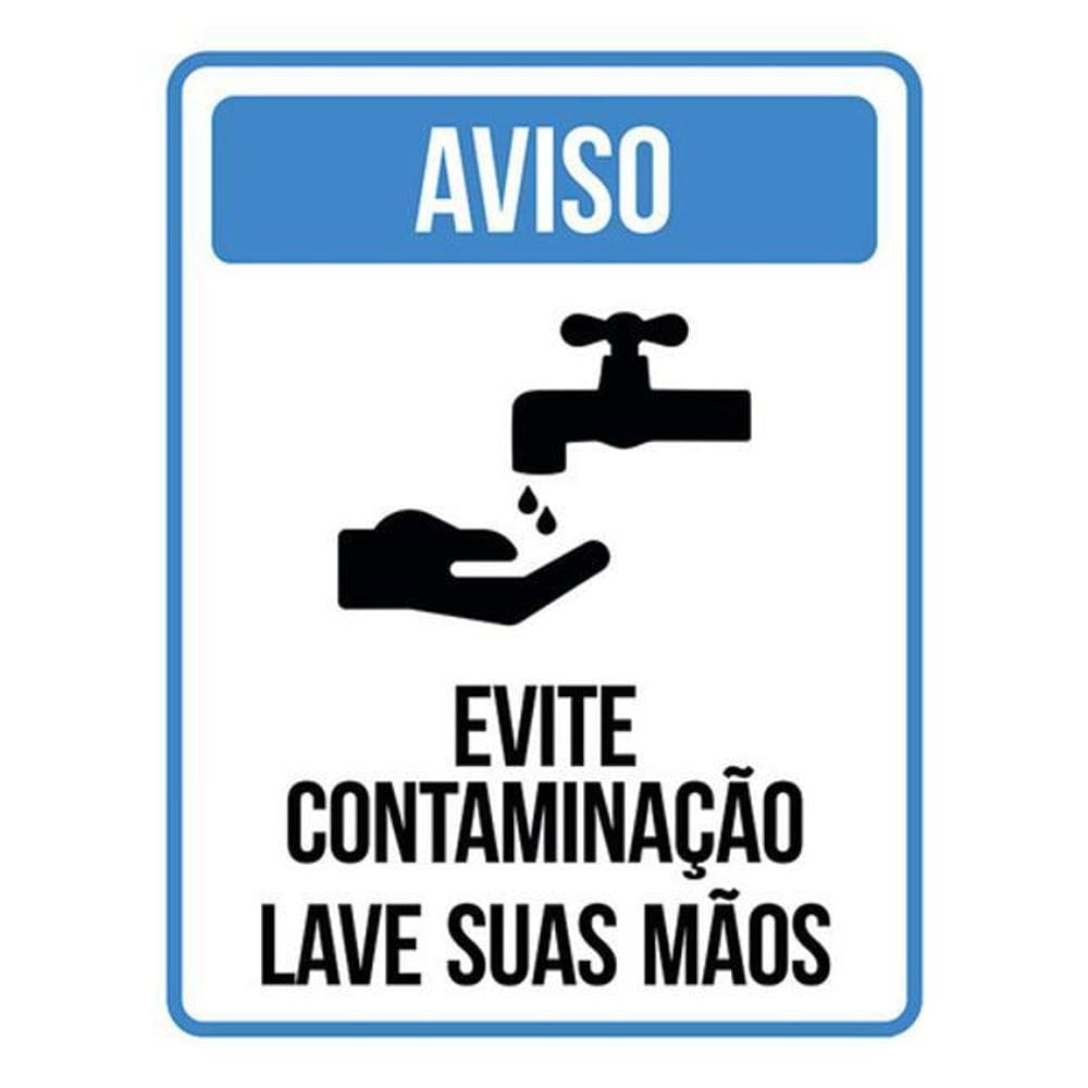 Kit 3 Placas Aviso Evite Contaminação Lave Suas Mãos Azul