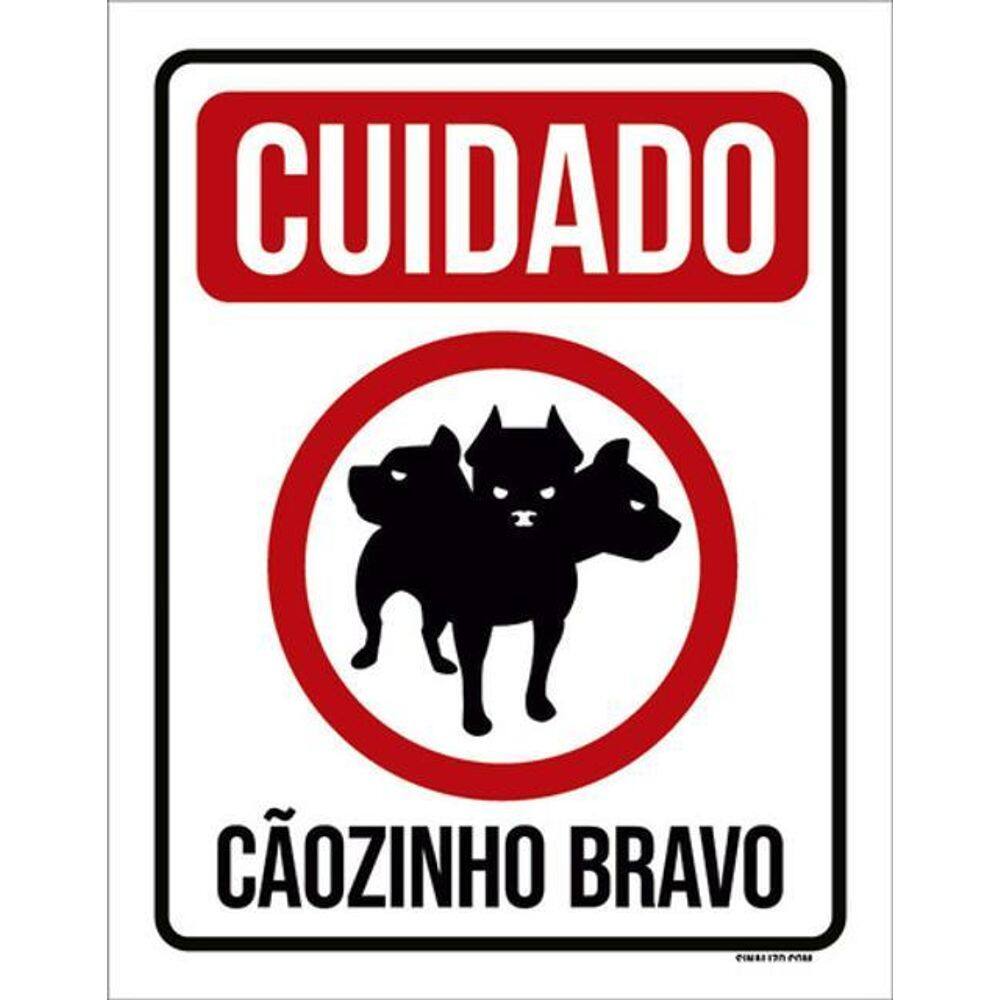 Kit 3 Placas Sinalização - Cuidado Cãozinho 3 Cabeças Bravo