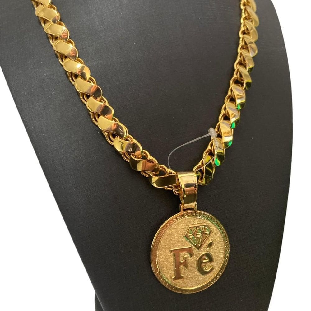 Cordão Friso S 13Mm + Pingente Fé - Banhado A Ouro 18K