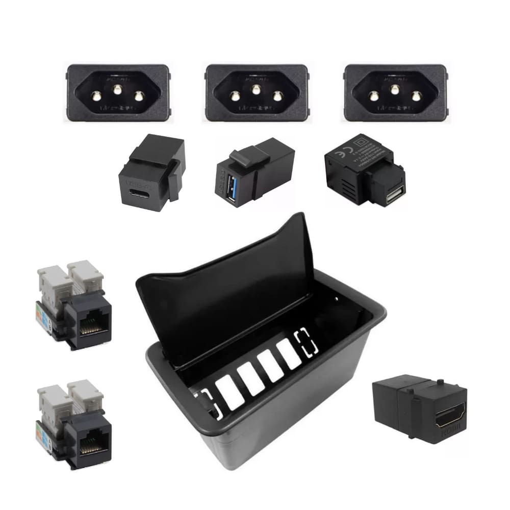 Caixa De Embutir Em Mesa Móveis New 6 Slim 3 Tomadas 3 USB 1 HDMI 2 RJ45 Preta