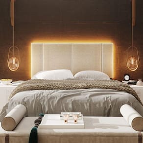 Cabeceira Estofada Iluminação Led Stella Cama Box Casal 140 Cm Linho Bege