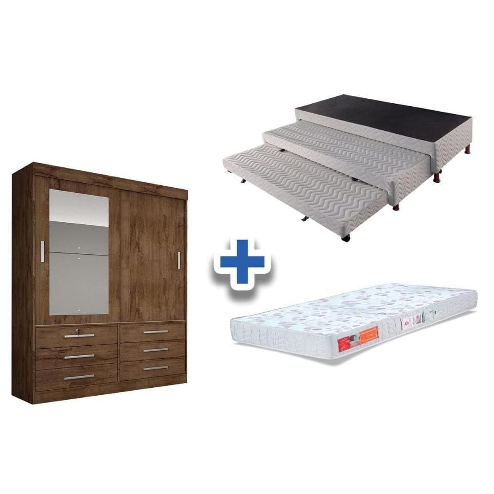 Cama Box Solteiro + Colchão Orthocrin c/ 2 Auxiliares + Guarda Roupa Sonare Canela