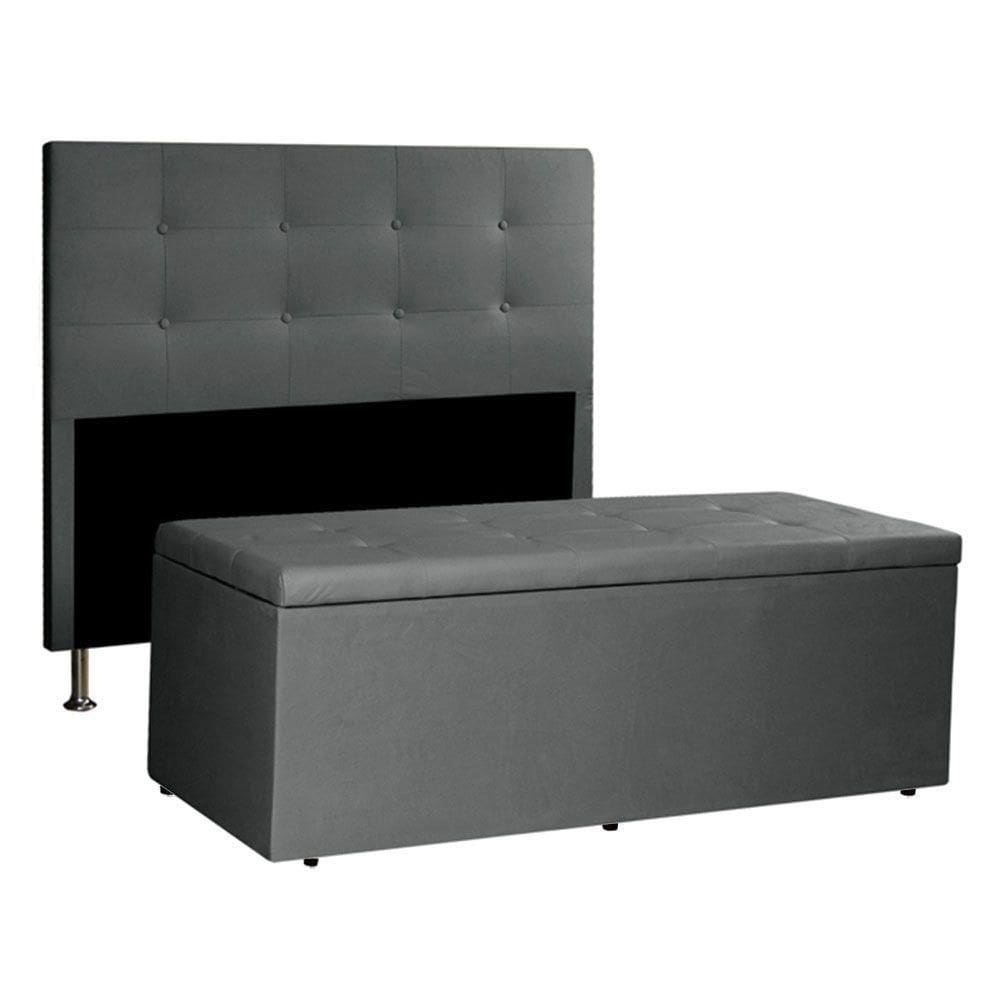 Kit Cabeceira E Calçadeira Baú Casal 1,40m Berlim Suede Cinza - Pallazio