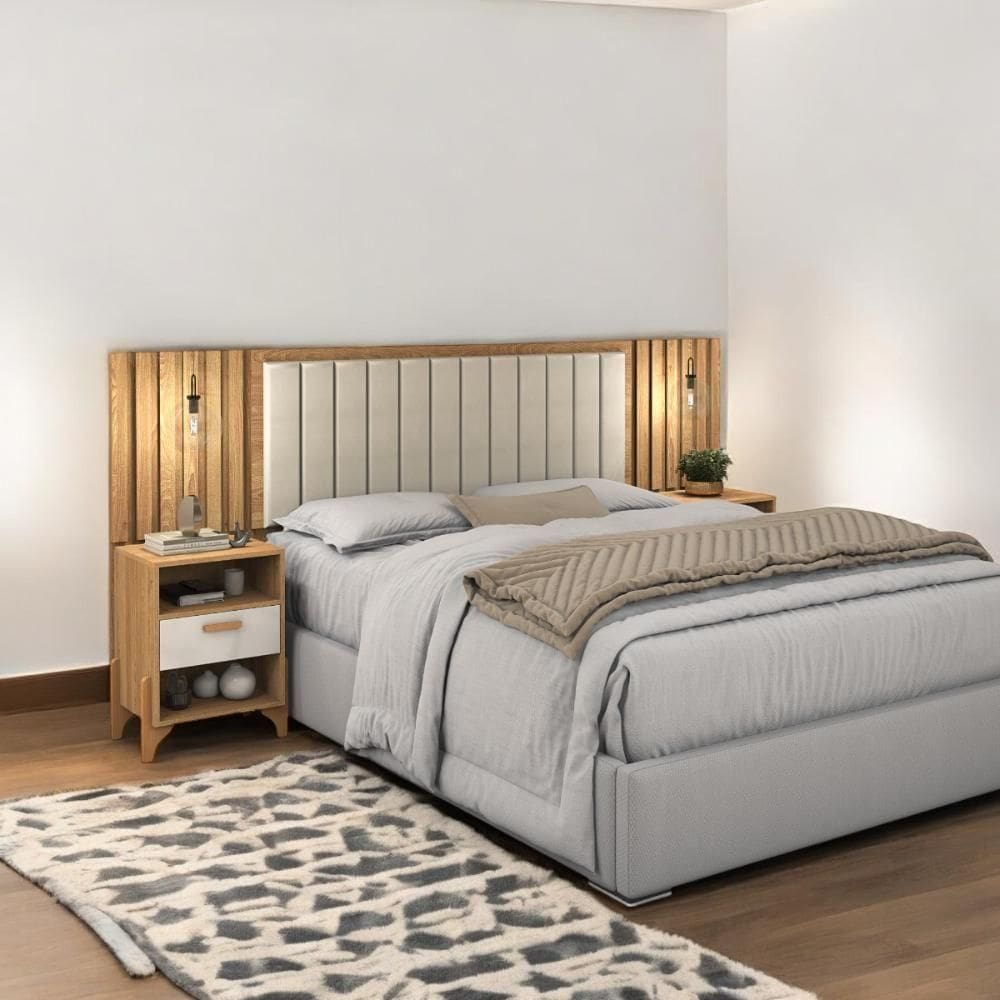 Cabeceira Estofada Queen Vancouver Freijó E Off White Ripado