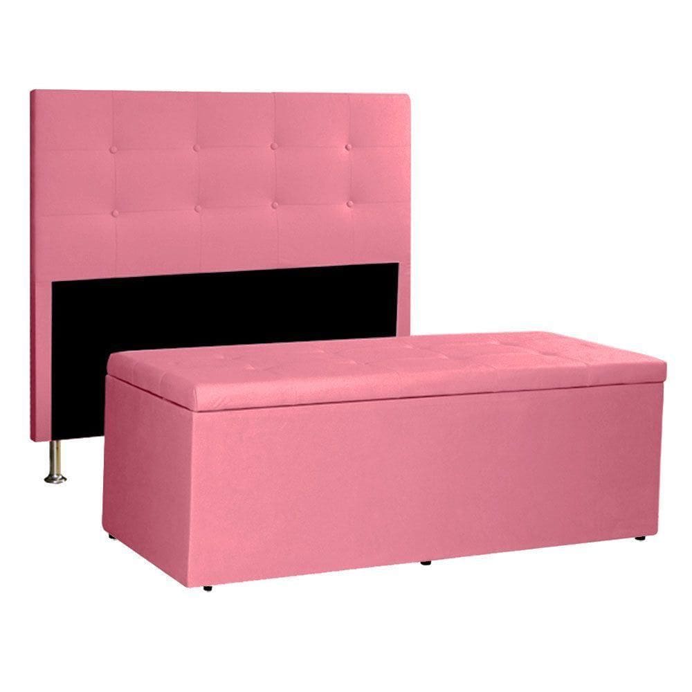 Kit Cabeceira E Calçadeira Baú Solteiro 0,90m Berlim Suede Rosa - Pallazio