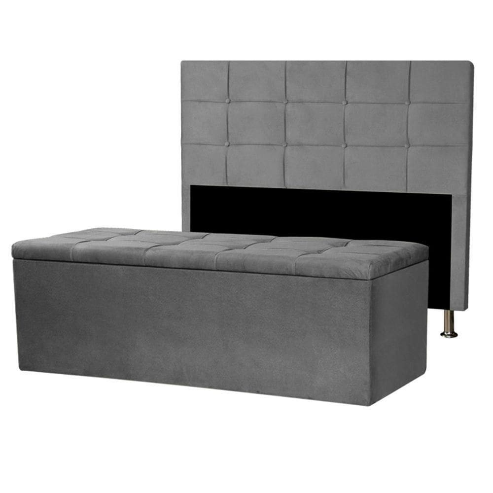 Kit Cabeceira E Calçadeira Baú Casal 1,40m Roma Suede Cinza - Pallazio