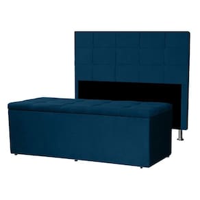 Kit Cabeceira E Calçadeira Baú Queen 1,60m Roma Suede - Pallazio Cor Azul Marinho