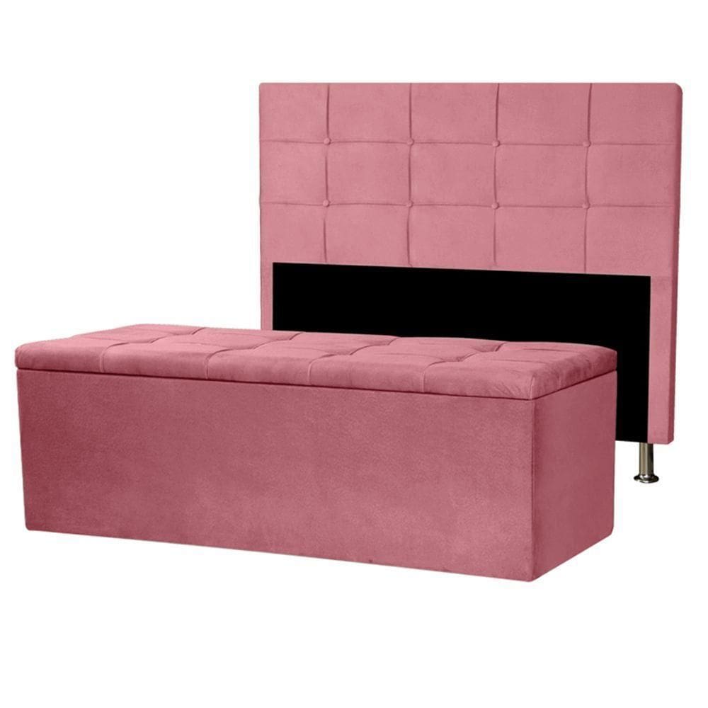 Kit Cabeceira E Calçadeira Baú Queen 1,60m Roma Suede - Pallazio Cor Rosa