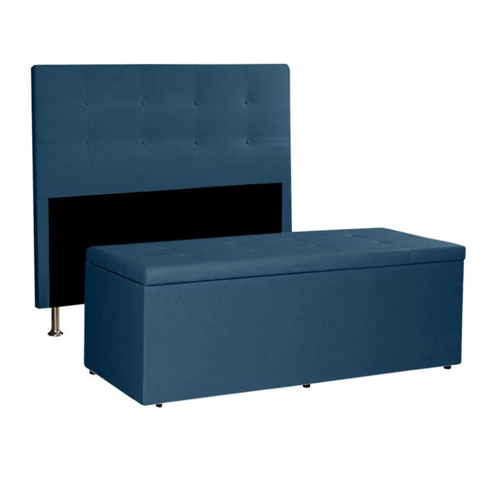 Kit Cabeceira E Calçadeira Baú Casal 1,40m Berlim Suede - Pallazio Cor Azul Marinho