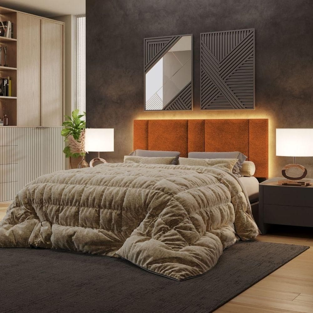 Cabeceira Estofada Cama Casal Queen Size Led Splend 160 Cm Buclé Terracota