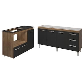 Balcão Armário Gabinete De Pia 150 Cm Deise E Balcão Alana Para Fogão Cooktop 4 Bocas E Forno Elétrico Savana Preto