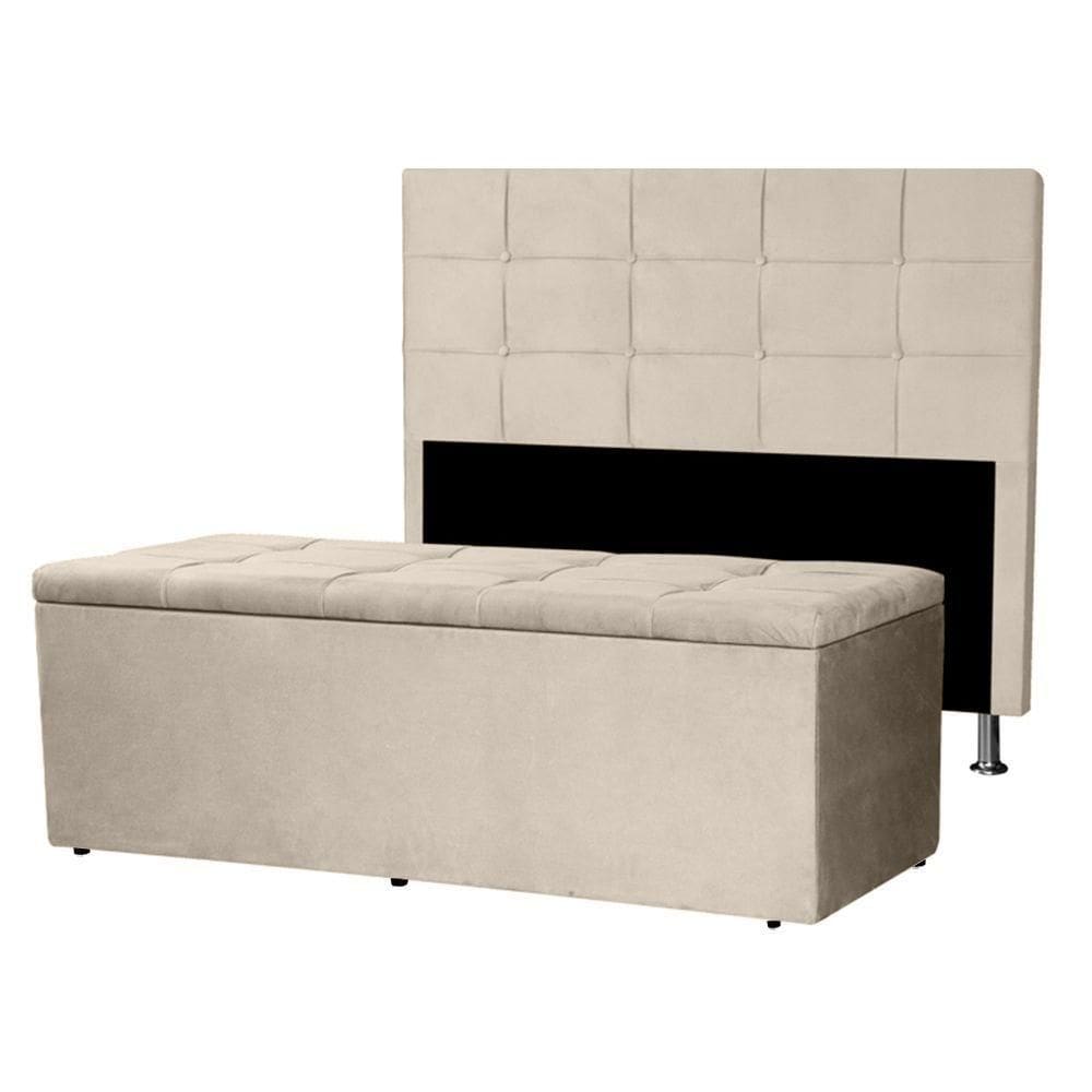 Kit Cabeceira E Calçadeira Baú Casal 1,40m Roma Suede Bege - Pallazio