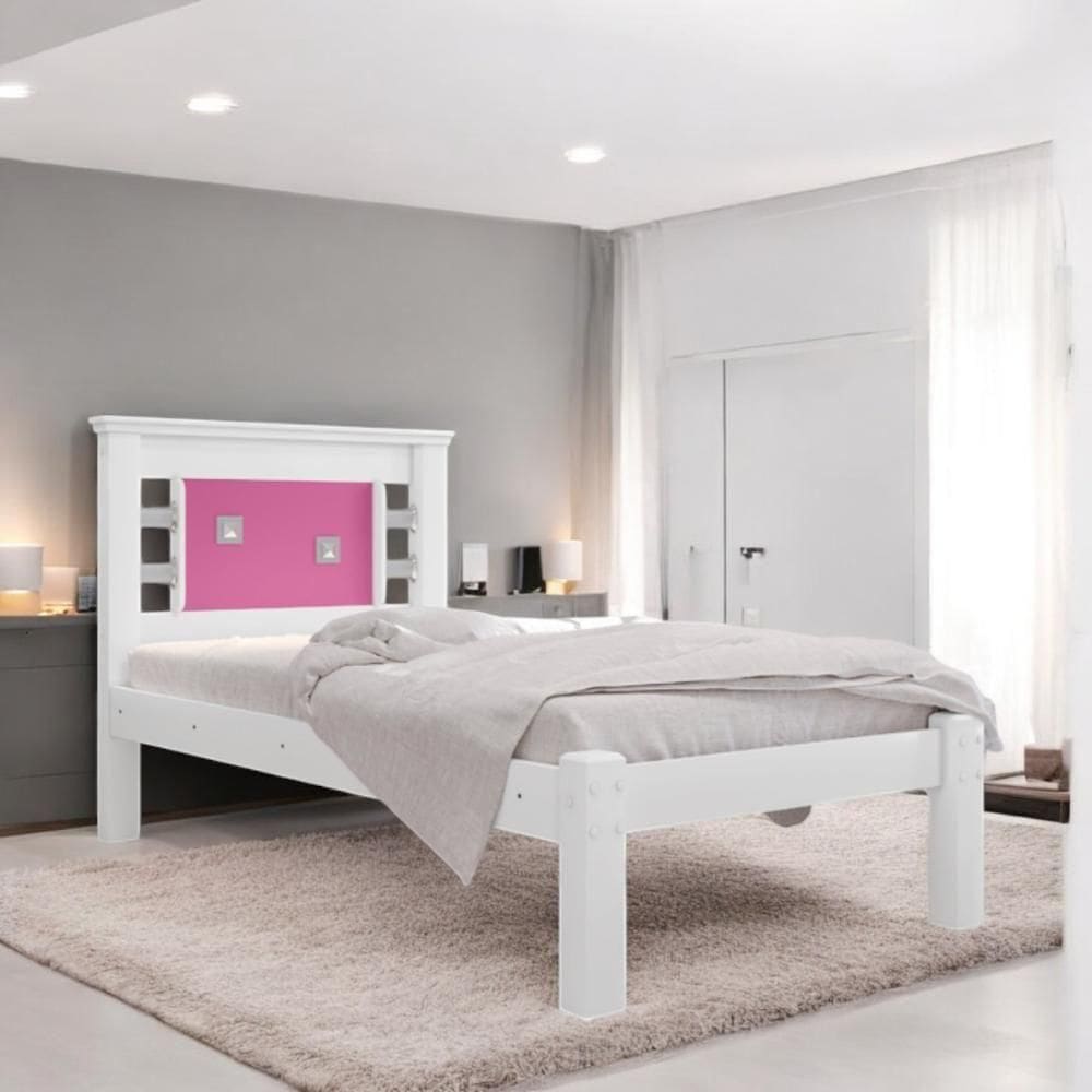 Cama Solteiro Lavínia Branca E Rosa Com Colchão