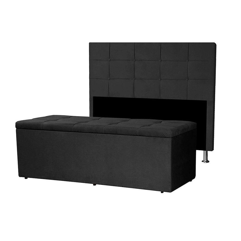 Kit Cabeceira E Calçadeira Baú Casal 1,40m Roma Suede - Pallazio Cor Preto