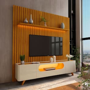 Rack com Painel para TV Até 85 Polegadas Nobre 2 Portas Ripado 100% Mdf com Led Naturalle/Off White - Gelius