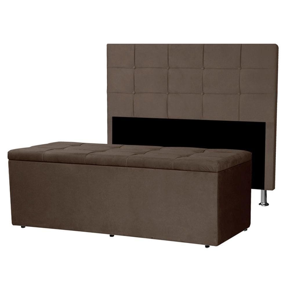 Kit Cabeceira E Calçadeira Baú Casal 1,40m Roma Suede - Pallazio Cor Marrom