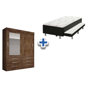 Cama Box Conjugada Solteiro c/ Aux Ortobom + Guarda Roupa Sonare Canela