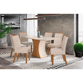 Sala de Jantar Completa Luiza c/ Tampo de Vidro 160x90cm e 6 Cadeiras Vita Nature/Off White - Linho Bege - Henn