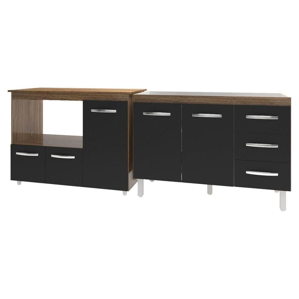 Armário Cozinha Balcão Gabinete De Pia 120 Cm Bruna E Balcão Lilian Para Microondas E Forno Elétrico Savana Preto