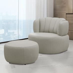 Conjunto Sala De Estar Mariele Poltrona Base Giratória Aço Com Puff Couro Bege