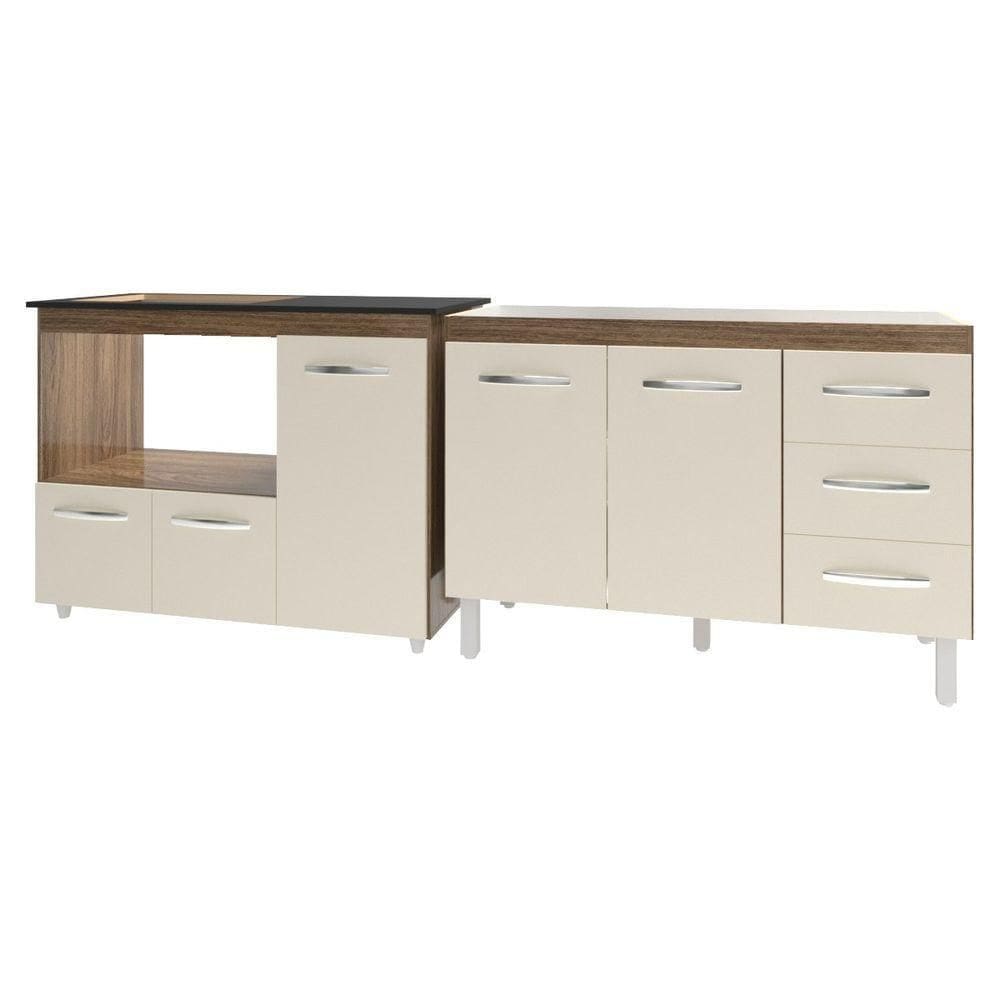 Armário Cozinha Balcão Gabinete De Pia 120 Cm Bruna E Balcão Alana Para Fogão Cooktop 4 Bocas E Forno Savana Off White