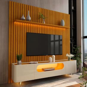 Rack com Painel para TV Até 85 Polegadas Nobre 2 Portas Ripado 100% Mdf com Vidro Naturalle/Off White - Gelius