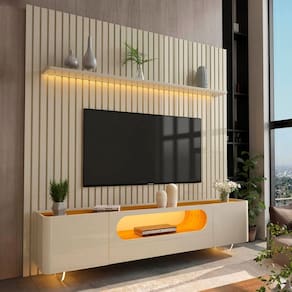 Rack com Painel para TV Até 85 Polegadas Nobre 2 Portas Ripado 100% Mdf com Vidro Off White/Naturalle - Gelius