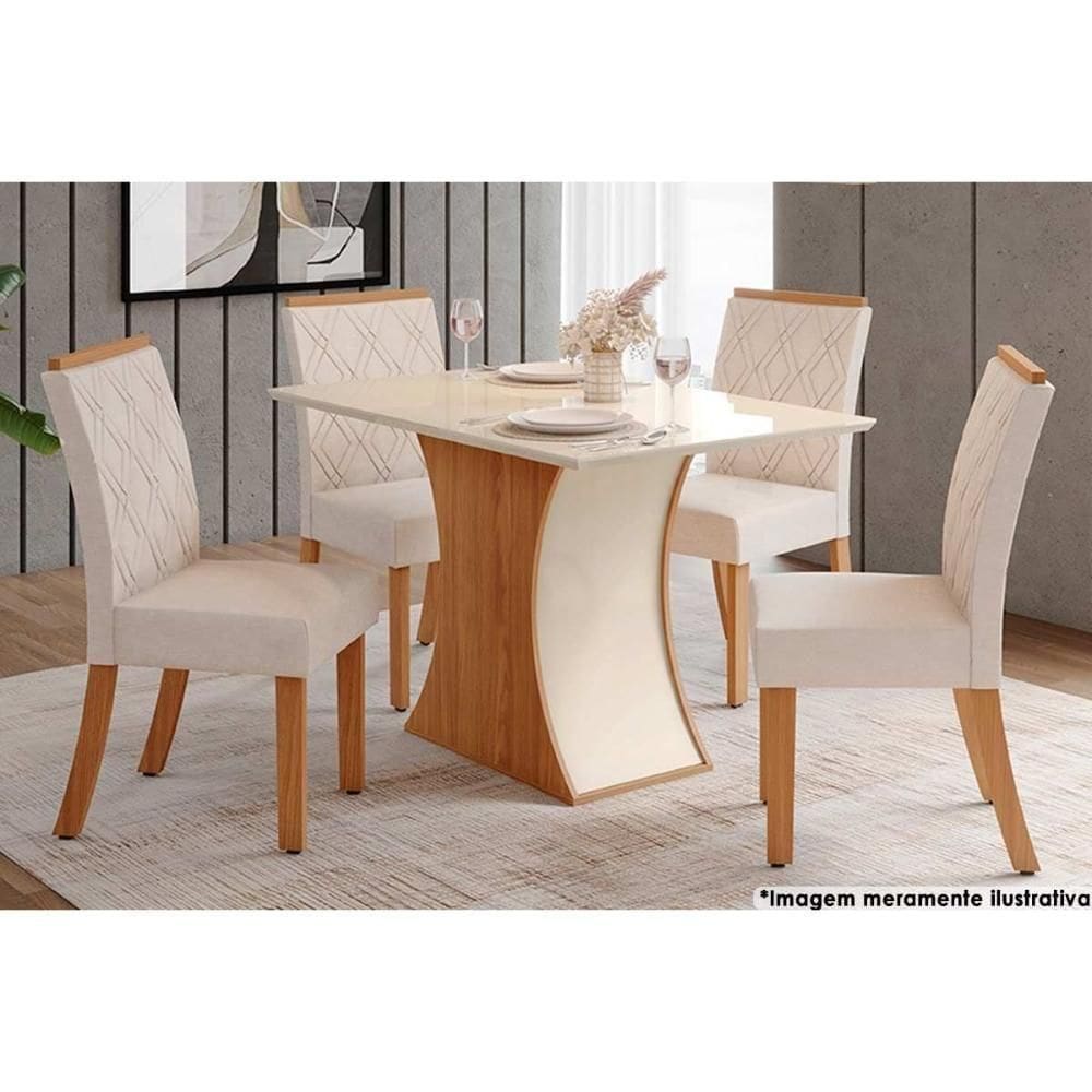 Sala De Jantar Tampo Reto Madeirado com vidro 120x90cm E 4 Cadeiras Vita Nature veludo Light Linho