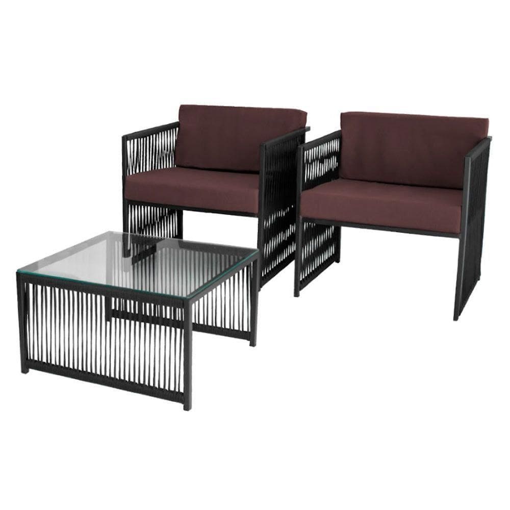 Conjunto De 2 Poltronas E Mesa De Centro Quadrada Com Tampo Preto/marrom