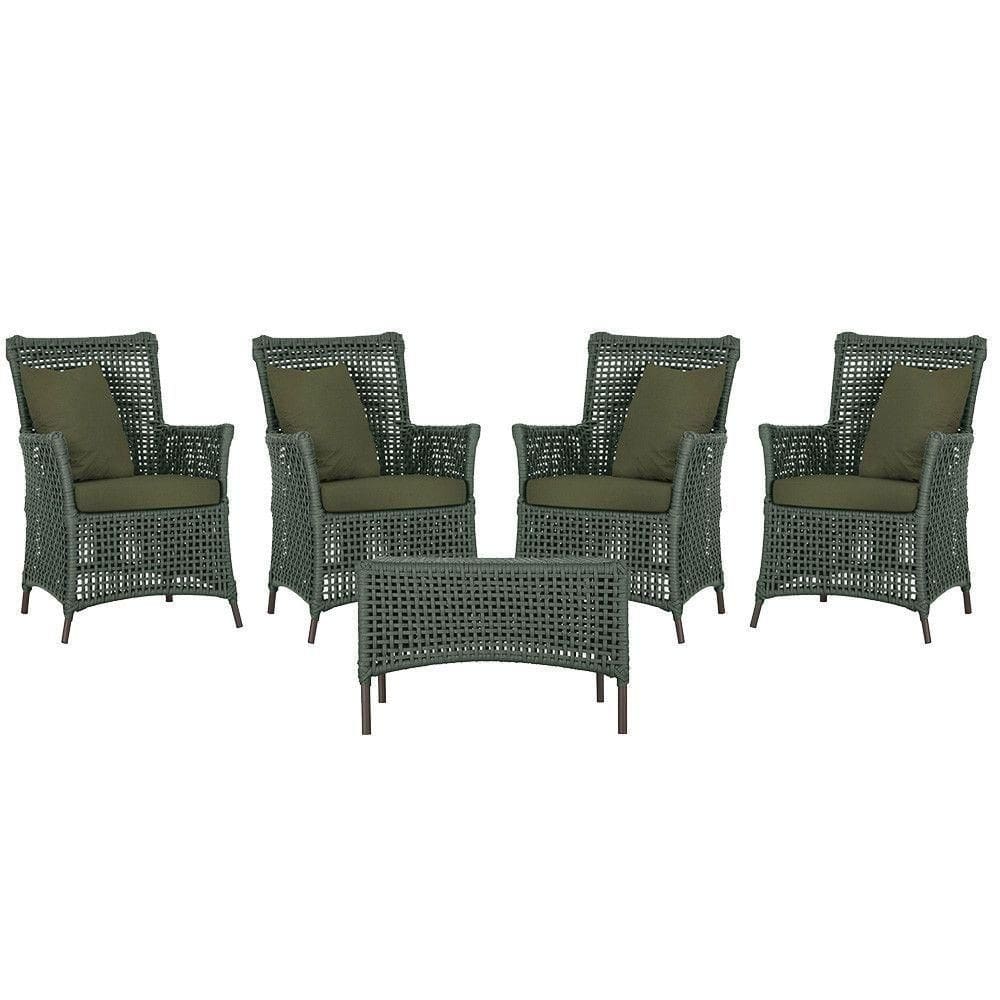 4 Poltronas E 1 Mesa Igapó Alumínio Marrom Corda Náutica E13 Verde
