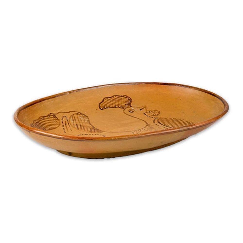 Travessa Oval De Barro Desenho Galinha Artesanato 38Cm