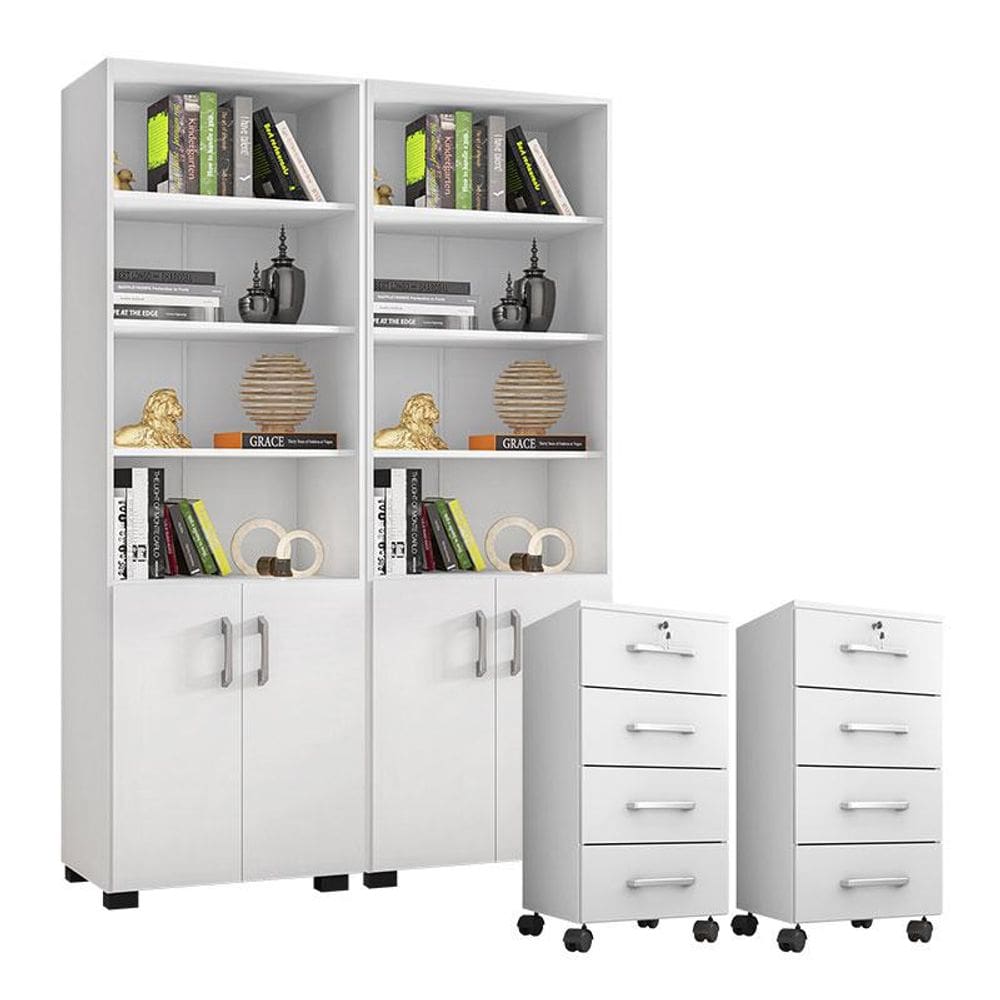 Kit 2 Gaveteiros para Escritório Gávea com Chave e 2 Livreiros Office com Portas Pequenas Branco Fosco - Móveis Leão
