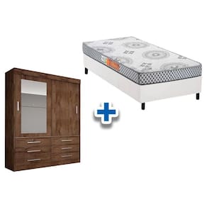 Cama Box Solteiro + Pérola Polar + Guarda Roupa Sonare Canela