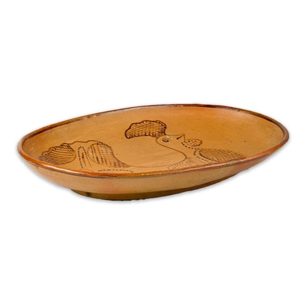 Travessa Oval De Barro Desenho Galinha Artesanato 38Cm