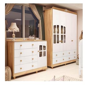 Quarto Infantil com Guarda-roupas e Cômoda com Janelas 100% Mdf Maya Clássico Espresso Móveis Branco Brilho/Amêndoa