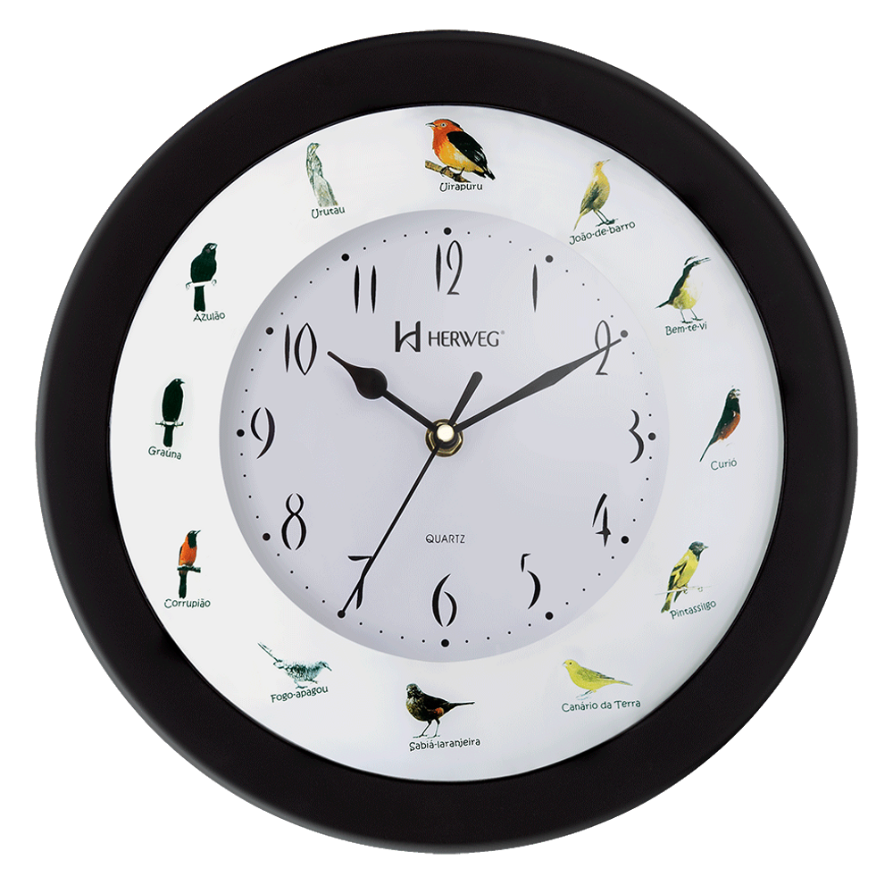 Relógio 6370 Parede Preto Canto Pássaros Brasileiros Herweg