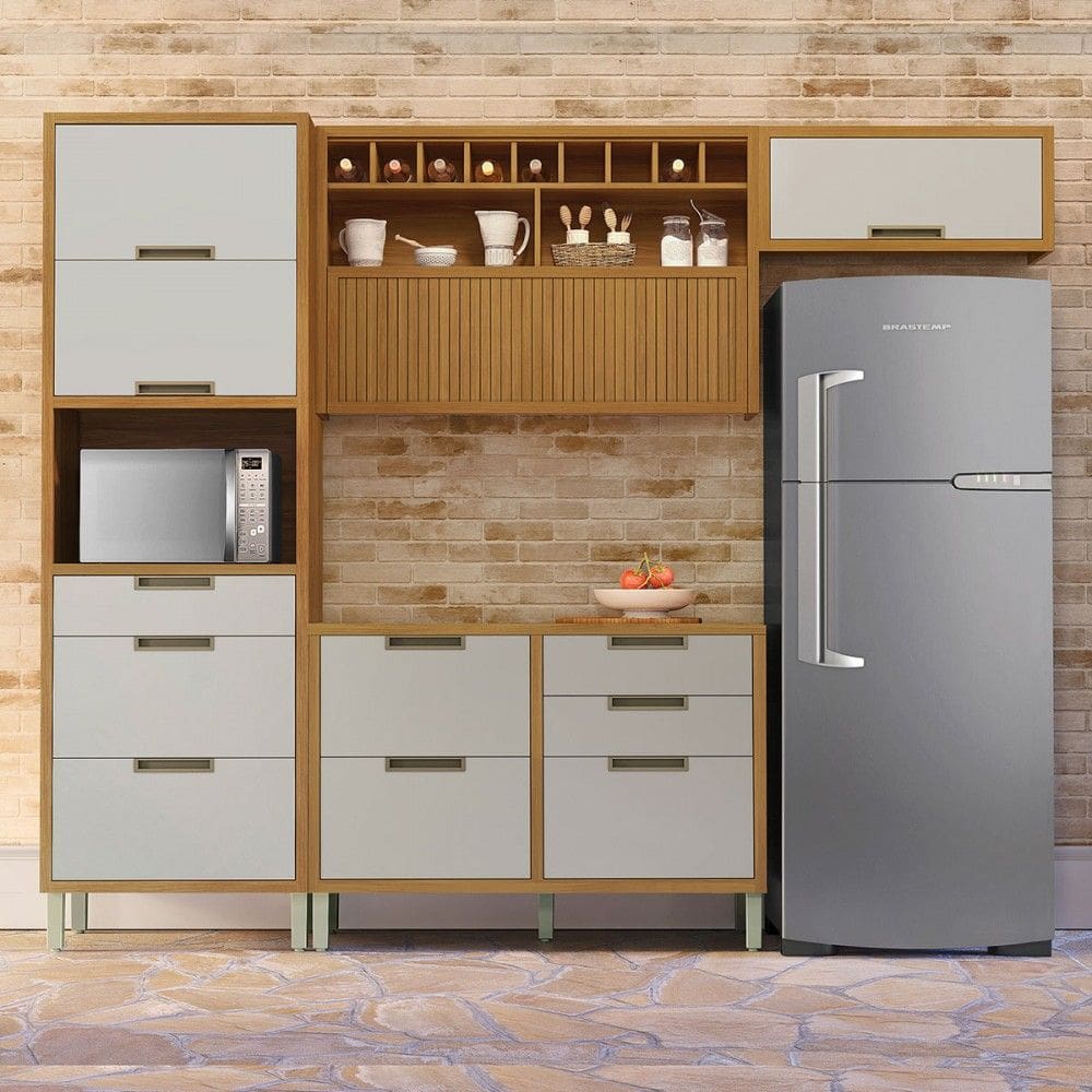 Cozinha Compacta Imperatriz 5 Portas 7 Gavetas Ripado 100% Mdf Freijó/Off White - Nesher
