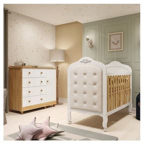 Quarto de Bebê com Cômoda 1 Porta 4 Gavetas e Berço Capitonê 100% Mdf Maya Clássico Espresso Móveis Branco Brilho/Amêndoa/Branco
