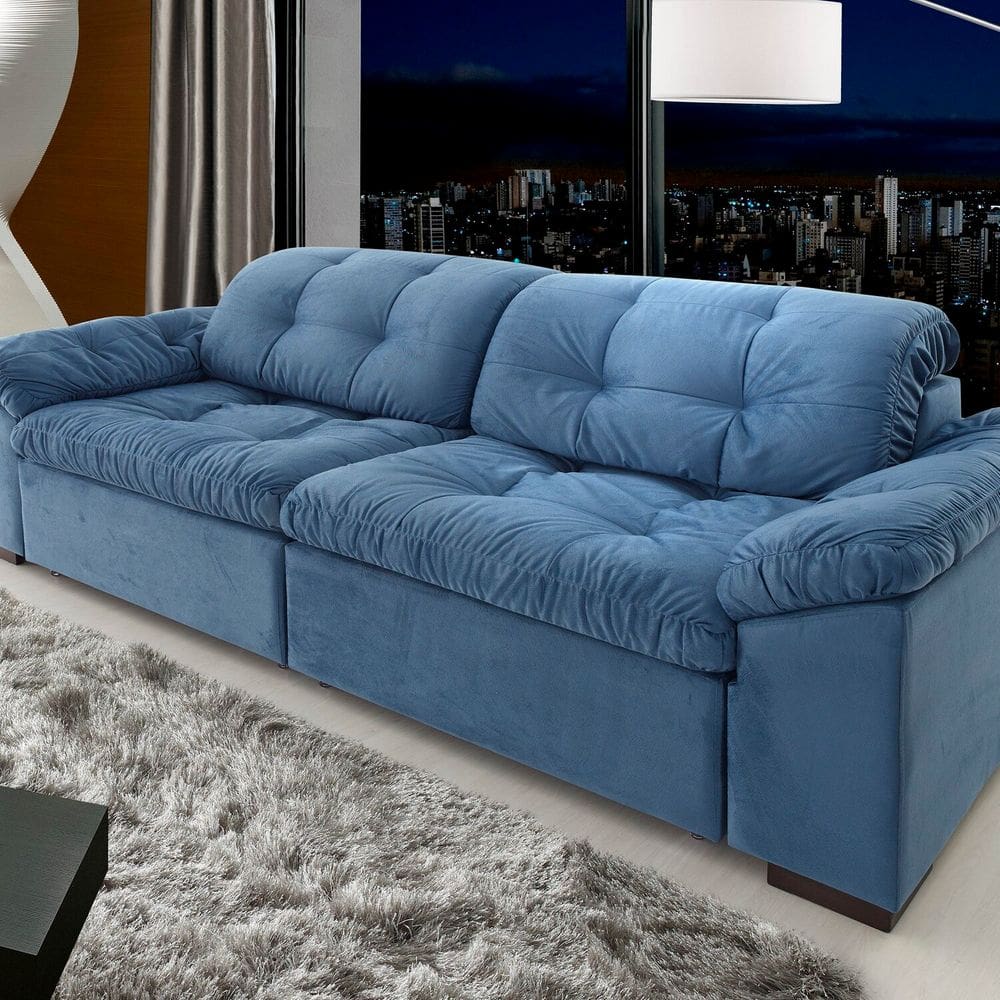 Sofá Retrátil e Reclinável 2 Lugares 260cm Pérola Veludo Azul
