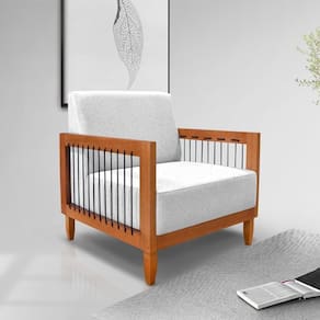 Poltrona Sala De Estar Pés Madeira Maciça Corda Náutica Preta 75cm Manila Linho Cinza Rústico
