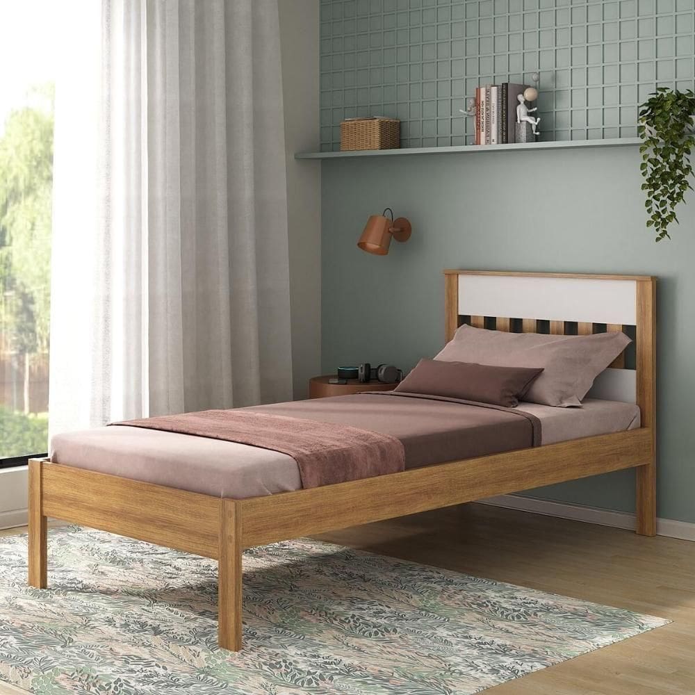 Cama De Solteiro Para Colchão 88 X 188 Cm Multimóveis Amêndoa Branco