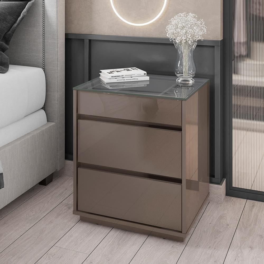 Mesa De Cabeceira Quarto Belize 3 Gavetas E Tampo De Vidro Cinza Perola