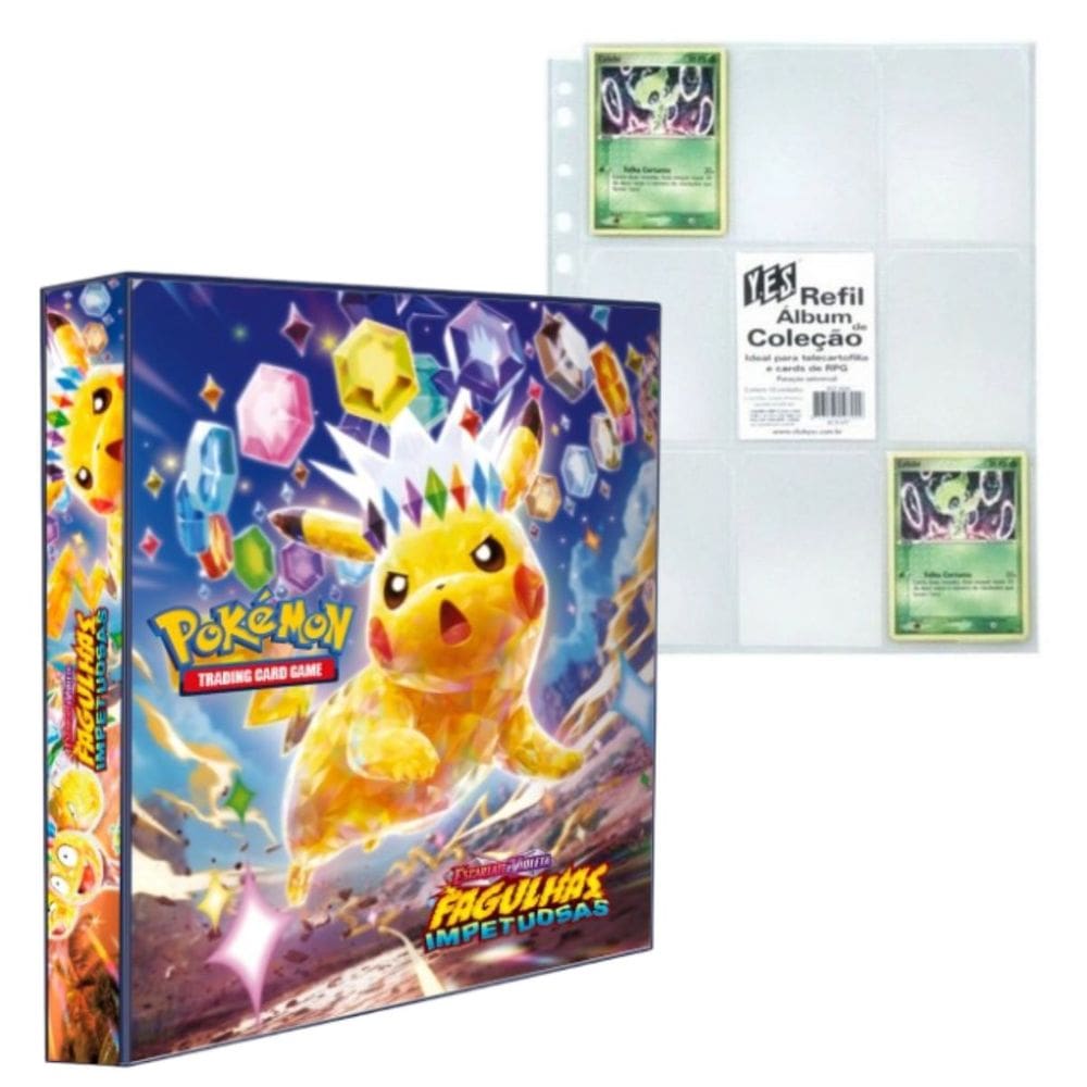 Album Pasta Fichário Pokemon Escarlate e Violeta Fagulhas Impetuosas com 10 Folhas para Cards TCG