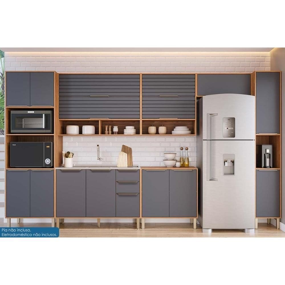 Cozinha Completa Esplêndida 7 Peças (3Aéreos+2Balcões+1Paneleiro+1TorreQuente) C7P184 Freijo/Titanium - MGM