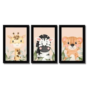 Kit Quadros Infantil Safari Aquarela 20X30 3 Peças Título Moldura Preta