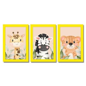 Kit Quadros Infantil Safari Aquarela 20X30 Com Vidro Titulo Moldura Amarela