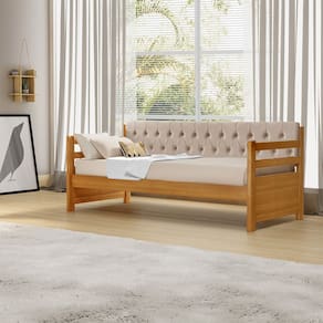 Sofá Cama Solteiro Verona Mona Imbuia Estofado Capitonê Veludo Bege Acompanha 1 Colchão