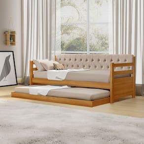 Sofá Cama Solteiro Verona Imbuia Estofado Capitonê Veludo Bege Com Cama Auxiliar + 2 Colchões