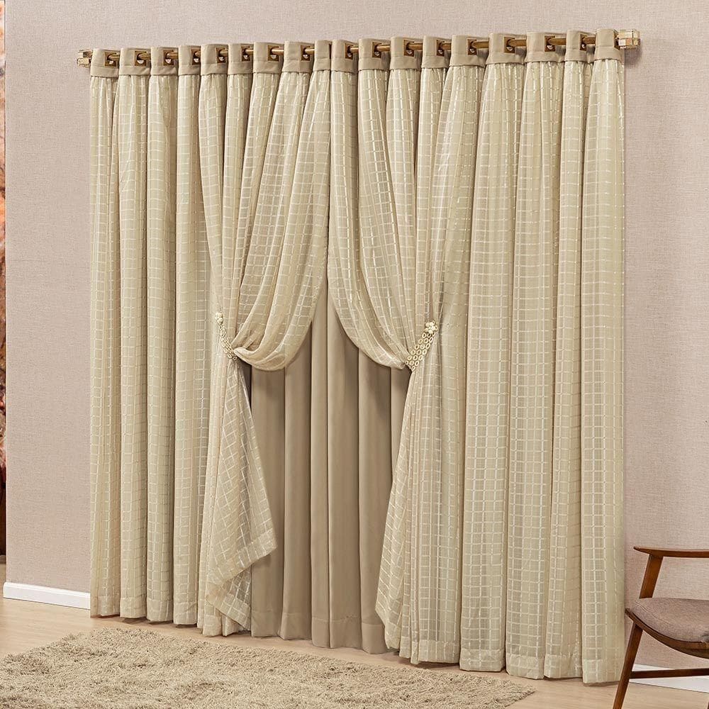 Cortina Monte Real 3,00m X 2,50m Tecido Blackout Voal Trabalhado Xadrez Sala Quarto - Chocolate